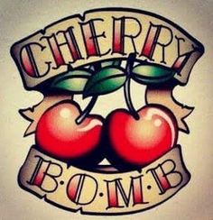 two cherries with the words cherry bomb written on them and an apple in the middle