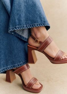 Suzie High Sandals - Smooth Natural Leather - Smooth cowhide leather - Sézane Work Sandals, Everyday Heels, High Sandals, Shoes Heels Classy, Summer Heels, Open Toe Heels, Chunky Block Heels, Rubber Heels, Parisian Style