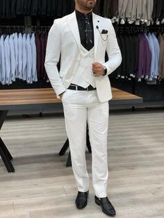 Eros White Slim Fit Wool Suit – brabion White Suit Men, Italian Style Suit, Vest And Pants, Pants Gift, White Costumes, White Suit, Evening Dresses Short, Suits For Sale, Jacket Vest