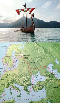 a map and a boat in the water with mountains in the backgrouund