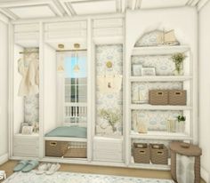 the room is decorated in white and has shelves with baskets on each side, along with shoes