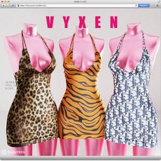 three women's dresses on display in front of a computer screen with the word vyxen