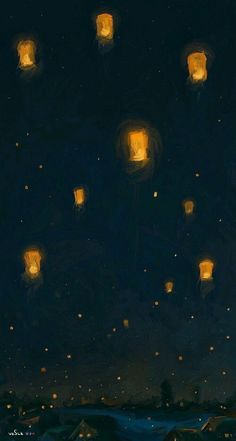 the night sky is filled with glowing lanterns