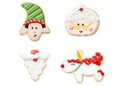 four decorated cookies in the shape of santa claus, elf, sheep, and snowman