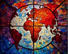 a stained glass window with the world map in it's center and colorful colors