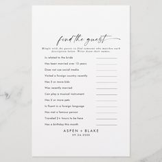 a white card with the words, find the guest and an image of a handwritten poem