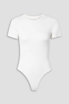 a women's white bodysuit with short sleeves