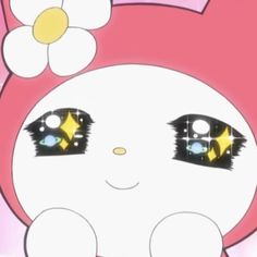 an anime character with big eyes and a flower in her hair is staring at the camera