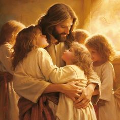 a painting of jesus holding children in his arms