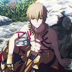 an anime character sitting on the ground in front of some rocks and water with his hand up to his chest