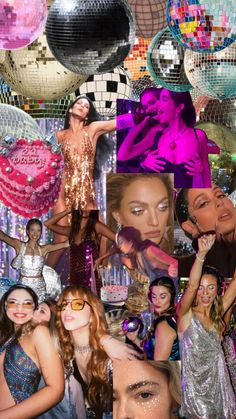 the collage shows many different images of women in disco costumes and dresses, including one woman