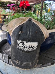 Details Vintage Distressed Trucker Cap "Classy But I Cuss A Little" Color: Black Distressed Dirty Material: Cotton/Polyester blend, Mesh backSize: One size fits most, with an adjustable snapback strap. Unisex cap Trendy Distressed Adjustable Trucker Hat, Trendy Adjustable Distressed Trucker Hat, Trucker Cap, Baseball Cap, Black, Color