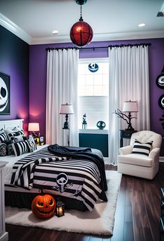 a bedroom decorated for halloween with black and white decor