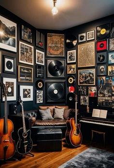 a living room filled with lots of pictures and guitars