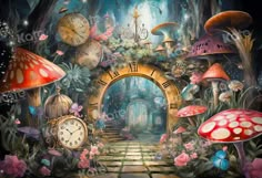 an image of a fantasy scene with mushrooms and clocks