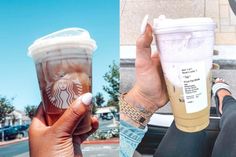 two pictures one with a starbucks drink and the other with a woman's hand holding up a cup