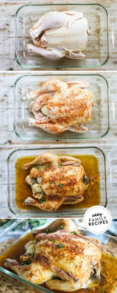 three glass dishes filled with chicken and seasoning on top of a wooden countertop