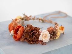 This beautiful flower crown is a lovely accessory, perfect for a party, or wedding.  Our stunning faux flowers look like the real. Head circumference:  one size fits all (adjustable) / fits adults and older children If the crown should fit the baby, after buying please give head circumference Terracotta Hair, Orange Flower Crown, Fall Flower Girl, Wedding Terracotta, Flower Girl Hair Piece, Fall Flower Crown, Flower Girl Halo, Headband Bride, Girls Halo