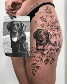 a woman's thigh with a dog and flowers tattoo on her side, next to a photo of the same dog