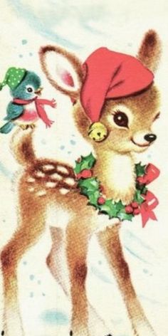 a christmas card with a deer wearing a santa hat and holding a bird in its mouth