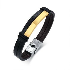 "This Men Black Personalized Leather Bracelets Engraving Customize Info is made of Stainless Steel+Leather.You can engrave with a name, phrase or date of your choosing inscribed on the ID Tag of the bracelet as a personalized gift for yourself or the one you loved.Come to engrave now. ★ Item Description: * Material:High Quality Stainless Steel+Leather * Clasp Type:Toggle-clasps * ID Tag size:41*7mm * Length:20.5cm/8.07Inch * Weight:11g * Color:Gold/Black/Silver * Environmental Standard:Lead, Nic Black Bracelets With Engraving Option, Black Leather Bracelet With Engraving Option, Classic Black Leather Bracelet Engraved, Classic Black Engraved Leather Bracelet, Father's Day Black Leather Jewelry, Minimalist Personalized Black Leather Bracelet, Adjustable Black Bracelet With Engraving Option, Black Engraved Leather Bracelet, Personalized Black Rectangular Bracelets