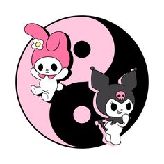 an image of two cartoon animals on the yin - o - yang symbol, one in black and pink