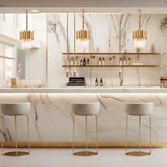 three stools in front of a marble bar