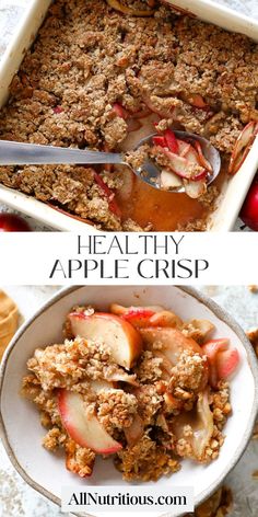 an apple crisp in a white dish with spoons