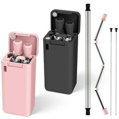 three different types of electronic devices in pink, black and silver cases with metal poles