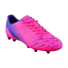 a pink and blue soccer shoe with spikes on the soles, in front of a white background