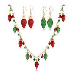 PRICES MAY VARY. Match your Christmas tree decorations with a Glitter Christmas Lights Necklace! This Christmas necklace features a gold paperclip chain with glittery green, red light bulb and bells pendants. Pass out this Christmas necklace to friends and family as a festive accessory or use it as a fun stocking stuffer. The lobster claw closure makes this accessory simple and easy to wear. Magnificent Christmas Necklace Earrings Set Christmas Holiday Gift in Red and Green with matching cute glitter light blub dangling earrings. This would be for Party Engagement Anniversary Wedding Gift or other special occasion or would be great Holiday gift beautiful graceful eye catching. Our festive Christmas light bulb necklace will add real holiday fun and flair to any outfit.the long paperclip cha Red Light Bulb, Christmas Light Necklace, Red Light Bulbs, Christmas Light Bulbs, Christmas Necklace, Best Stocking Stuffers, Glitter Earrings, Women's Jewelry Sets, Necklace Red