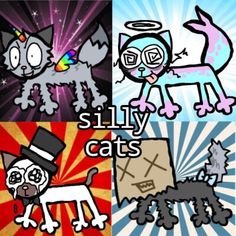 four different pictures with cats and dogs in the same color scheme, one has a top hat