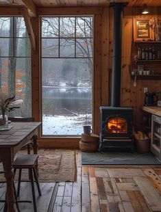 a wood burning stove sitting inside of a kitchen