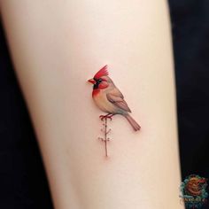 a small red bird on the side of a woman's leg with crossbones