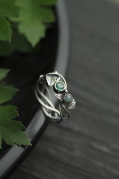 Engagement ring with natural emerald and alexandrite | Etsy Nature-inspired Emerald Ring For May Birthstone, Nature-inspired Emerald Ring, Ring With Leaves, Forest Elves, Botanical Ring, Special Ring, Proposal Ring, Forest Wedding, Elegant Ring