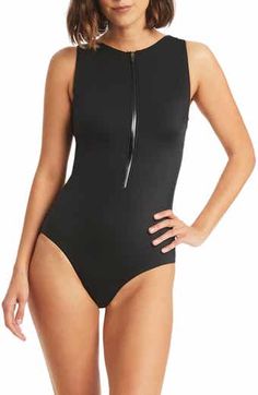 Sea Level Short Sleeve Multifit Front Zip One-Piece Swimsuit | Nordstrom Zip Up Swimsuit, High Neck Swimsuits, Sleeve Swimsuit, High Neck One Piece, Billabong Women, Swimsuit Design, Sea Level, Exposed Zipper, Billabong