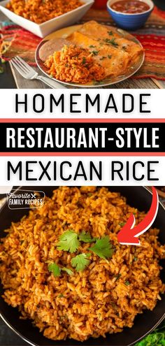 mexican rice in a skillet with cilantro on the side