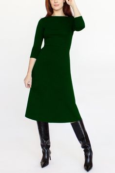 3/4 Sleeve BCI Cotton Boatneck Mid-calf Flared Dress -- Forest Green – Cobalt Detailed Dress, Flared Dress, Worth The Wait, Flared Skirt, Flare Skirt, Boat Neck, Heavy Weight, Mid Calf, Flare Dress