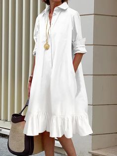 Long Sleeves Loose Pleated Ruffled Solid Color Split-Joint Lapel Midi Dresses Shirt Dress WHITE-M Airplane Essentials, Cotton Shirt Dress, Midi Ruffle Dress, Urban Dresses, Chic Dresses, White Shirt Dress, Daily Dress, Understated Elegance, Long Sleeve Midi