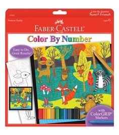 faber castei color by number book with markers and pencils, featuring an image of animals