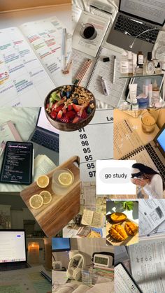 a collage of photos with laptops, papers and other things on the table