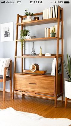 a wooden shelf with books, plants and other things on it in a living room