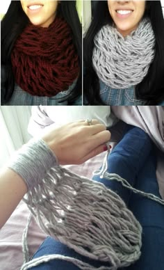 three different pictures of the same woman's hand and her knitted cowl