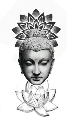 a drawing of a buddha head with a lotus flower on it's forehead and eyes closed