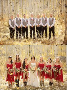 the bride and grooms are posing for pictures in the woods