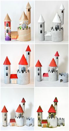 four different views of the same castle made out of toilet paper and other things that are on display