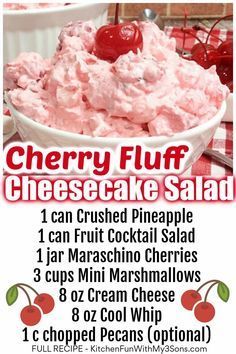 the cherry fluff cheesecake salad is ready to be eaten and served for lunch