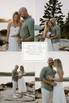 a couple embracing each other while standing on rocks by the water with their arms around each other