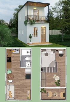 two story house with balcony and living room in the ground floor plan for small houses