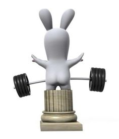 a white bunny is standing on top of a barbell